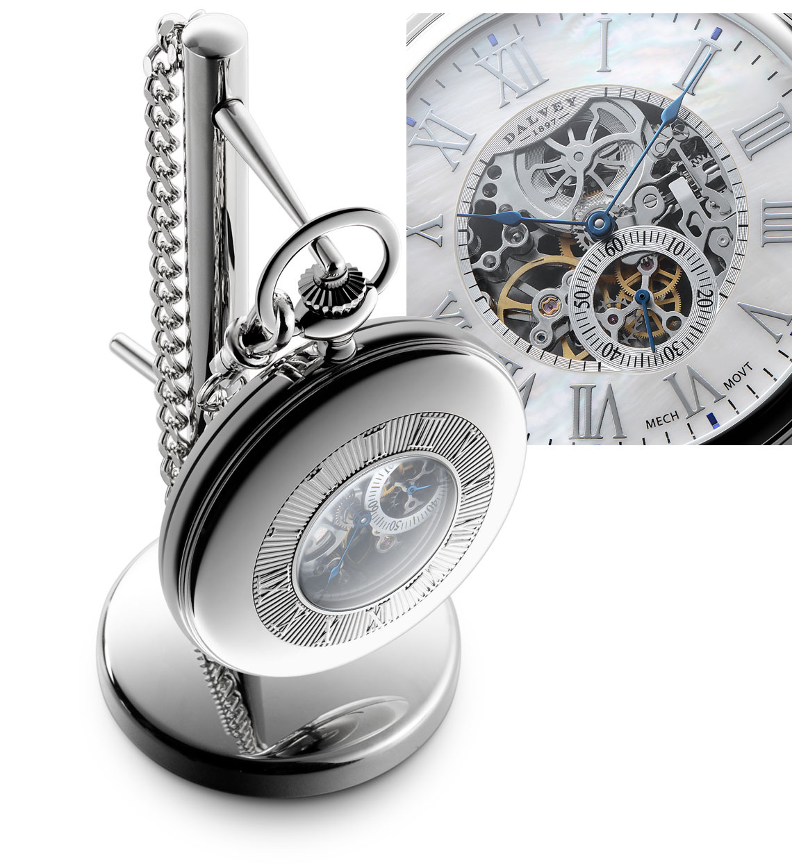 half hunter skeletal pocket watch and stand white 04113