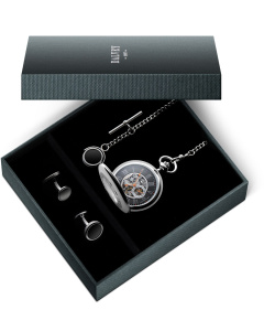 Half Hunter Skeletal Pocket Watch Gift Set - Black & Orange