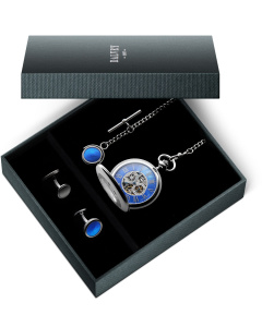 Half Hunter Skeletal Pocket Watch Gift Set - Blue Mop