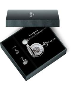 Half Hunter Skeletal Pocket Watch Gift Set - White Mop