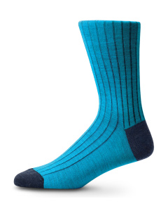 Italian Merino Wool Socks Contrast Rib Aqua & Smoky Blue