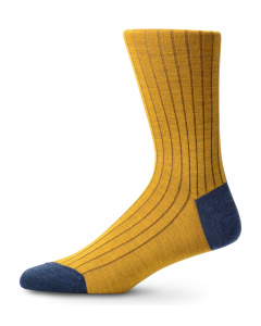 Italian Merino Wool Socks Contrast Rib Yellow & Smokey Blue