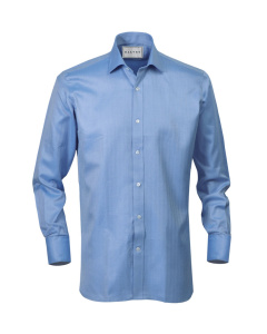 Shirt Button Cuff Solid Blue Herringbone